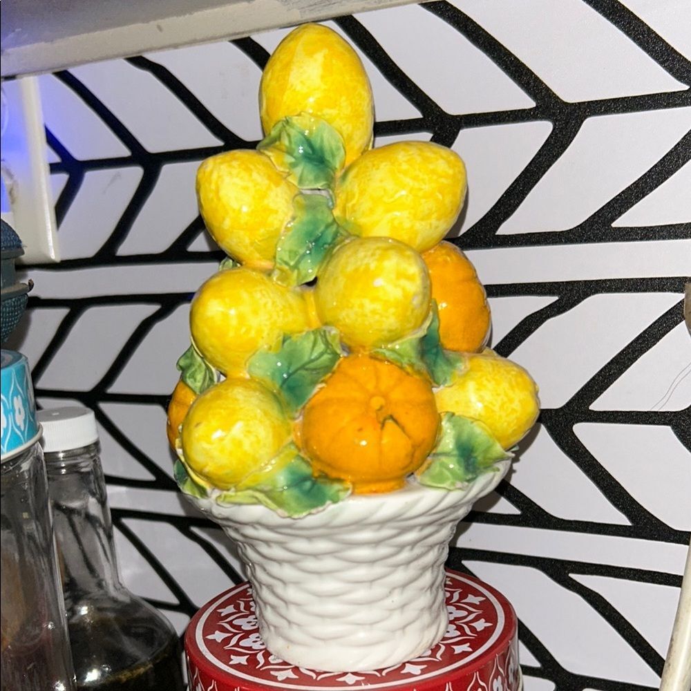 Vintage Italian Ceramic Lemons Oranges Citrus In Basket Topiary Signed Italy EUC